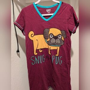 Lazy One Burgundy V-Neck Dog Tee with Yellow Pug Graphic